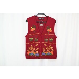 One Resource Fall Harvest Sweater Vest Medium Burgundy Red Pumpkin Cornucopia